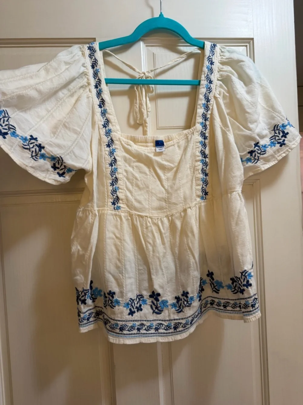 Old Navy Cream Peasant Top with Blue Floral Embroidery